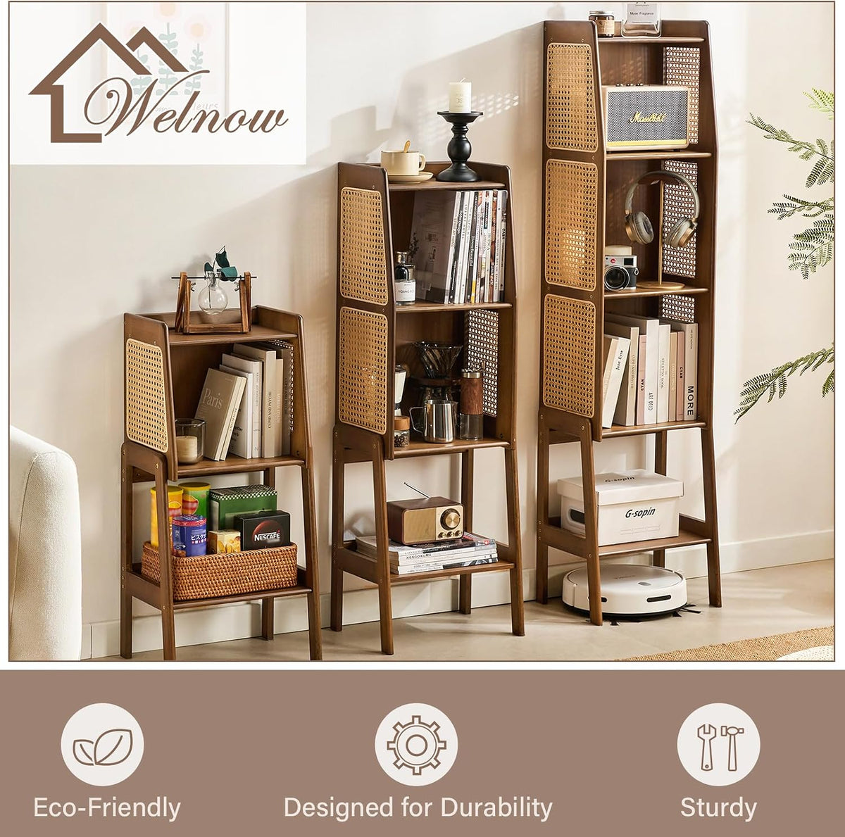 Welnow Bamboo Rattan Bookcase with Cabinet，4-Tier Wicker Bookshelf,Walnut