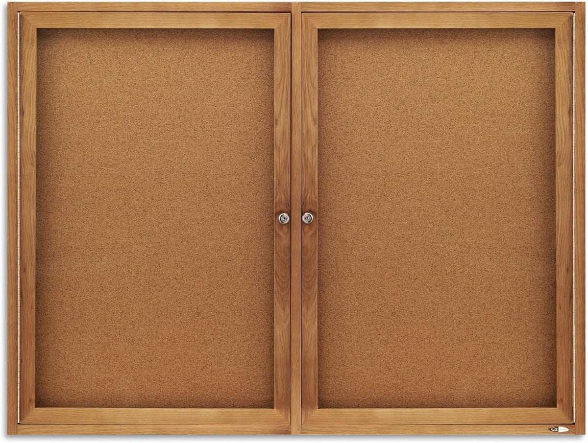 Quartet Bulletin Board, 4' x 3' Enclosed Cork Notice Board, Lockable Swing Doors, Oak Finish (364)