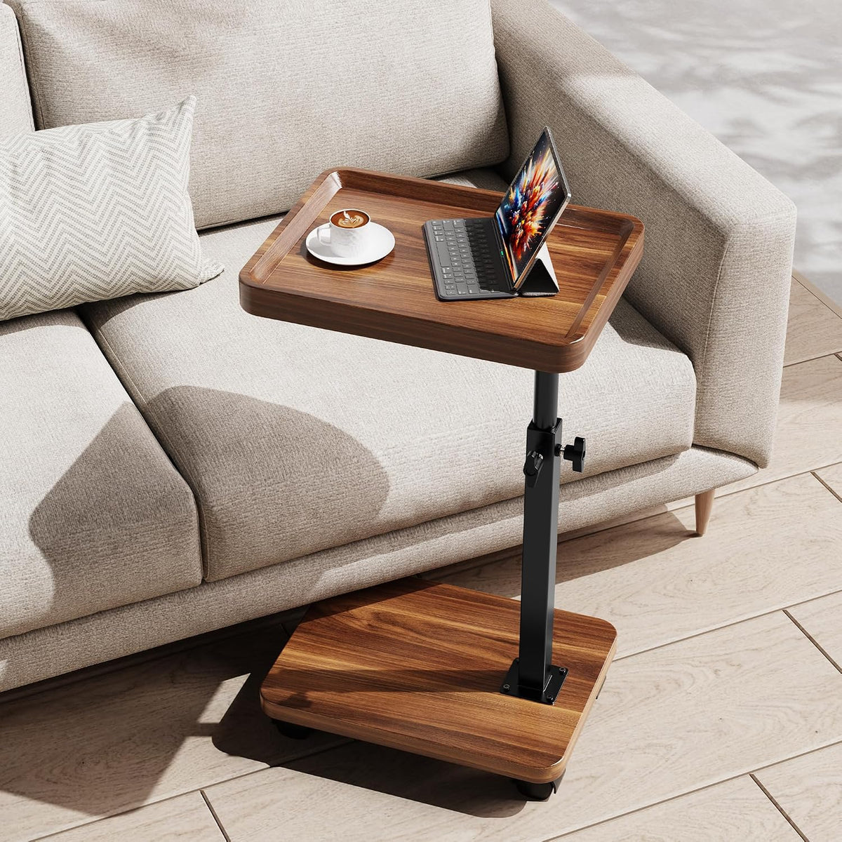 C Table with Wheels, Adjustable Height, 360° Swivel Bed Tray Table