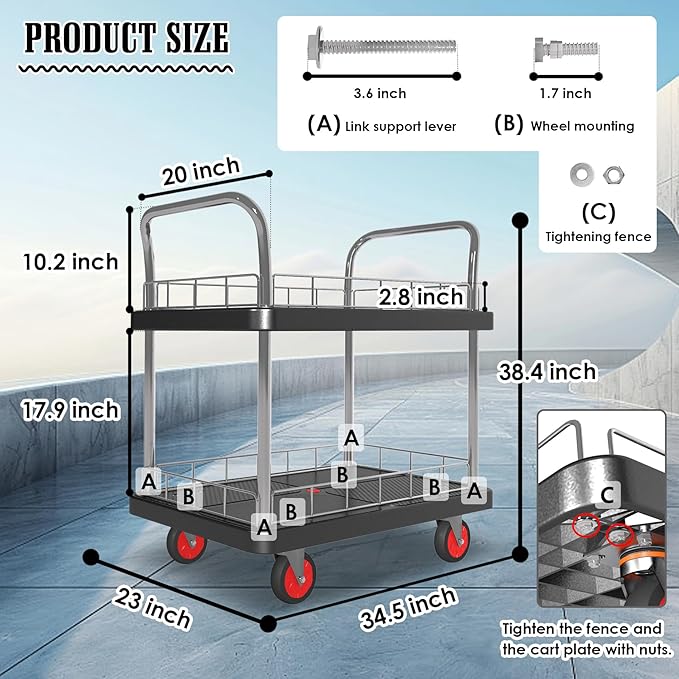 2 Shelf Utility Service Cart- 660lbs Capacity Heavy-Duty Plastic Rolling Utility Carts with 4 of 360° Swivel Wheels and Handle, Large Service Cart for Groceries,Warehouse,Garage 34.6''x 22.8''
