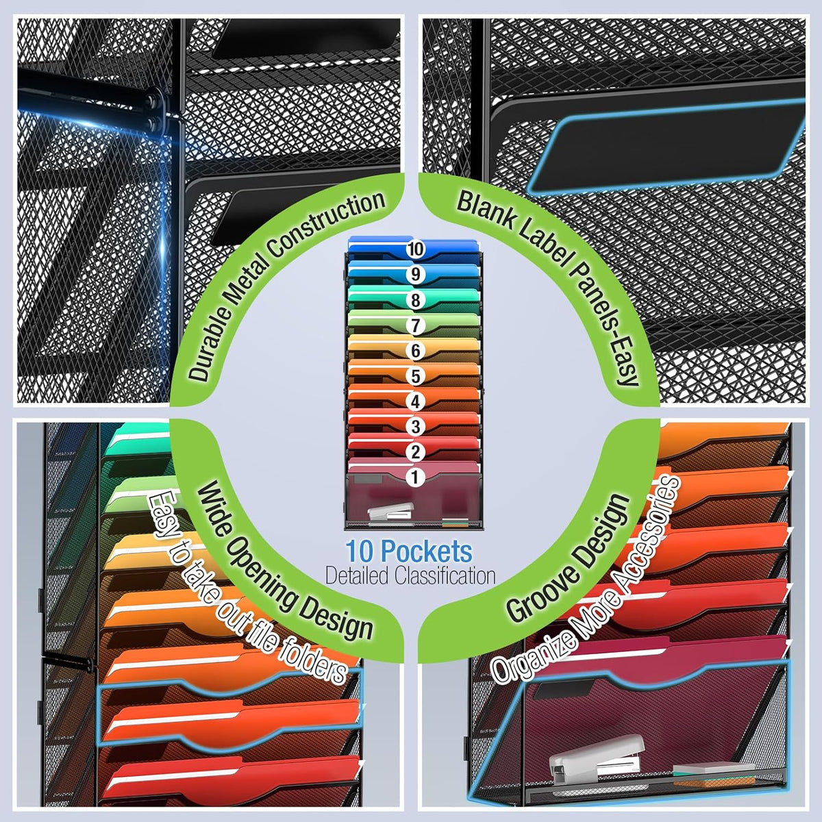 MINDEPOT 11 Tier Wall File Holder Hanging Wall Mount Paper File Organizer for Mails Folders Document Magazine Organization, for Office School Home, Black