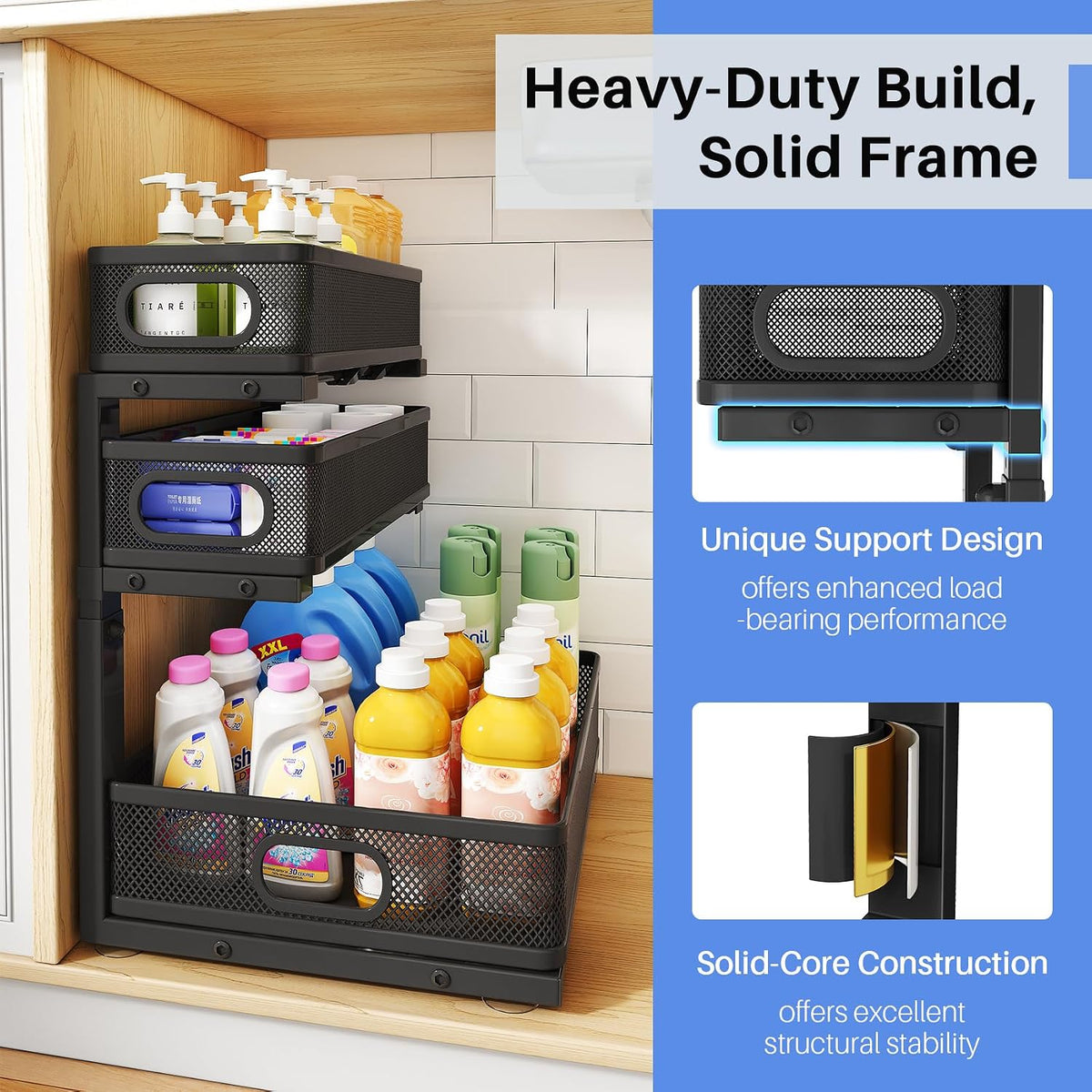 Under Sink Organizer, 3-Tier Thickened Metal Pull out Cabinet Organizer Shelf, Height Adjustable Slide out Storage Drawer Rack for Kitchen Bathroom Pantry Laundry Home Organization, 1-Pack, Black