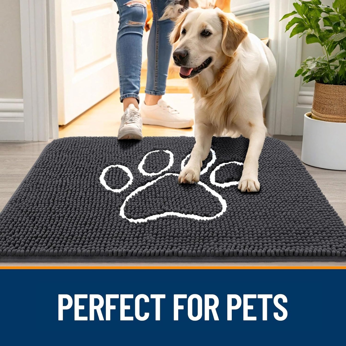 OLANLY Door Mat for Muddy Dog Paws 70x46, Ultra Absorbent Chenille Mud Doormat with Paw Print Design, Non-Slip Washable Doormat for Indoor Entryway, Quick-Dry Pet Bed Mats for Dirty Dogs, Dark Grey