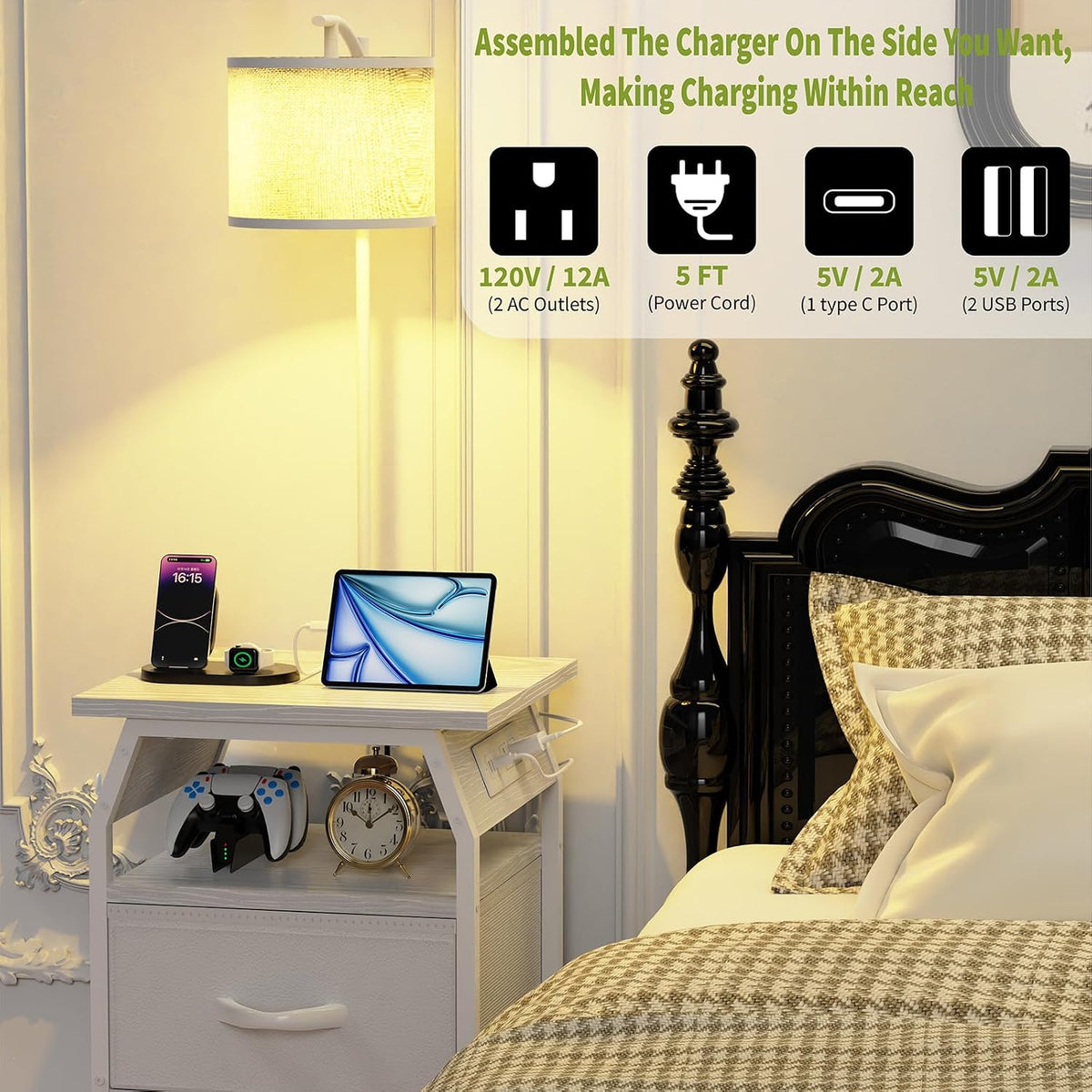 runjuly Floor Lamp with Table, End Table with Light and Charging, White