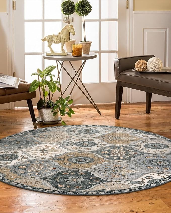 Lahome Moroccan Washable Round Area Rug, Soft Vintage Round Rug 3ft, Distress