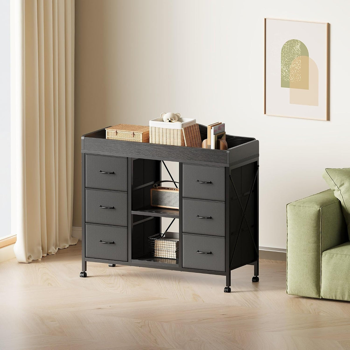 YeTom Changing Table, 6-Drawer Dresser, Adjustable Shelves, Mobile, Black