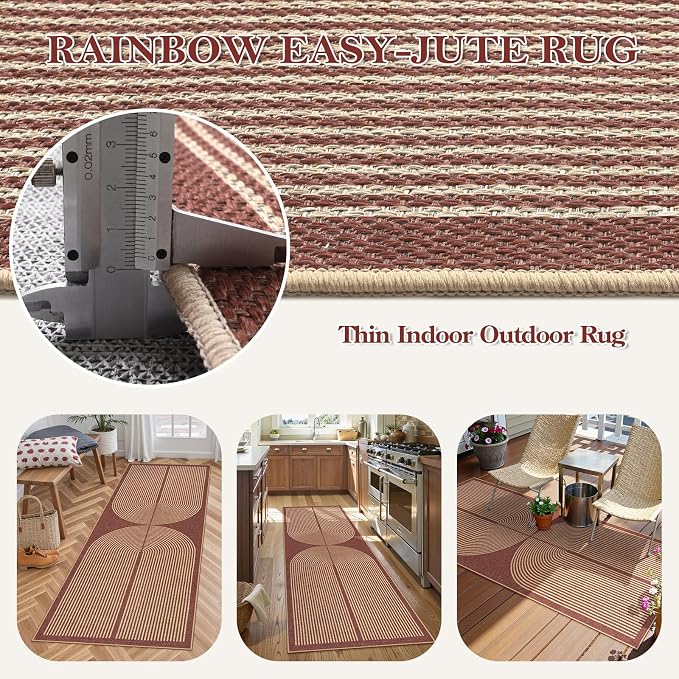 Lahome Enfys Modern Rainbow Easy Jute 2x6 Runner Rug, Farmhouse Stain Resistant