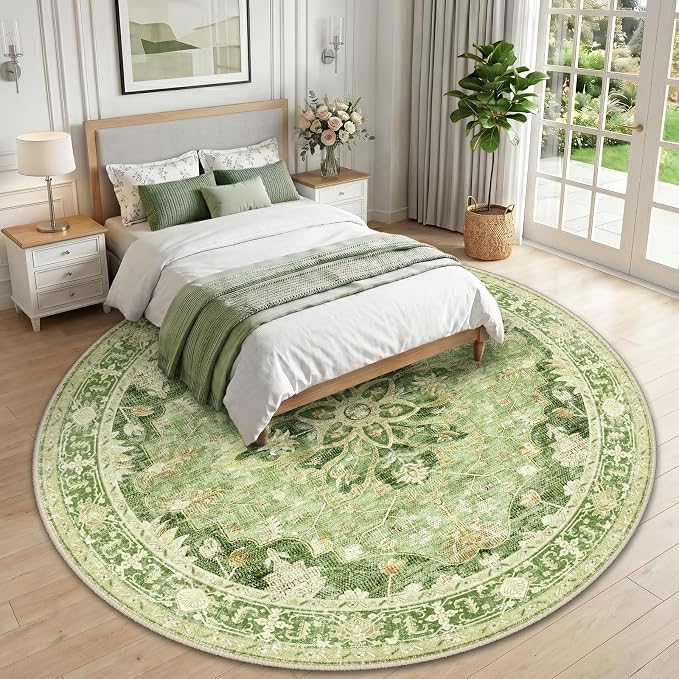 RELEANY Area Rugs Round 10ft Washable Non-Slip, Floral Vintage Distress
