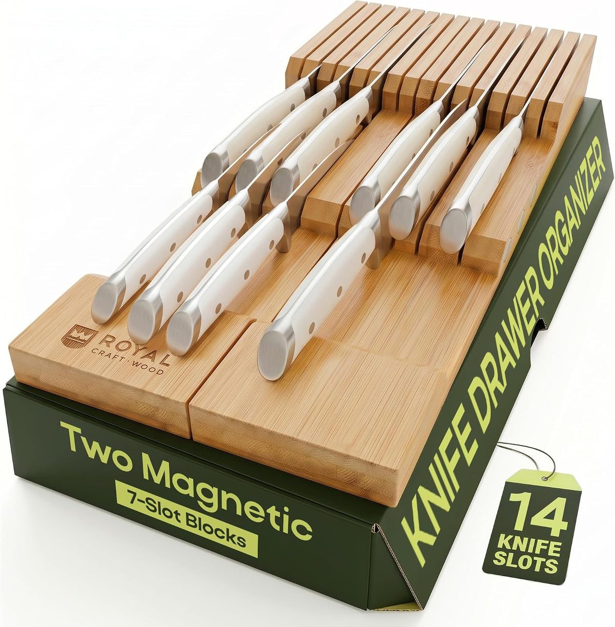 Knife Drawer Organizer - Bamboo In-Drawer Knife Block for 14 Knives – Premium Drawer Knife Organizer Insert, Kitchen Knife Holder for Safe Knife Storage, Compact Kitchen Organization & Drawer Storage