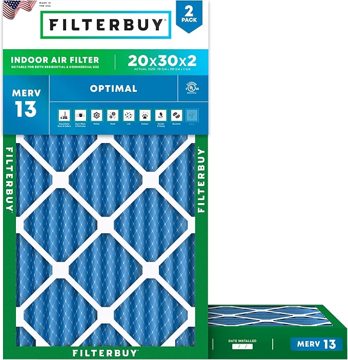 Filterbuy 20x30x2 Air Filter MERV 13 Optimal Smoke & Allergy Defense,