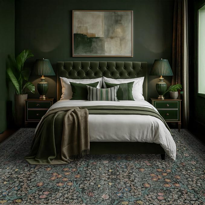 Vintage Washable Dark Green 10x14 Rug
