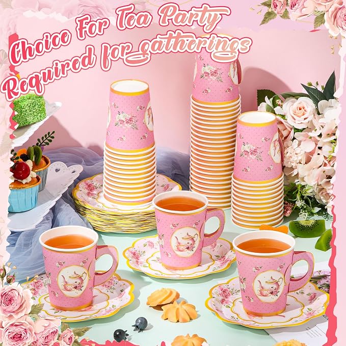 Tioncy 100 Pcs Tea Party Decorations Include 50 Pieces 9 oz Paper Tea Cups