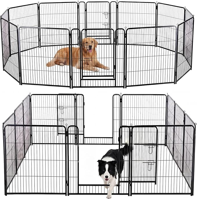 DUMOS Dog Playpen Indoor, Metal 32 Inch 12 Panels Foldable Pet Fence with Door, Outdoor Small Medium Large Dog Puppy Portable Exercise Play Pen for RV Camping, Trips, Play Yard