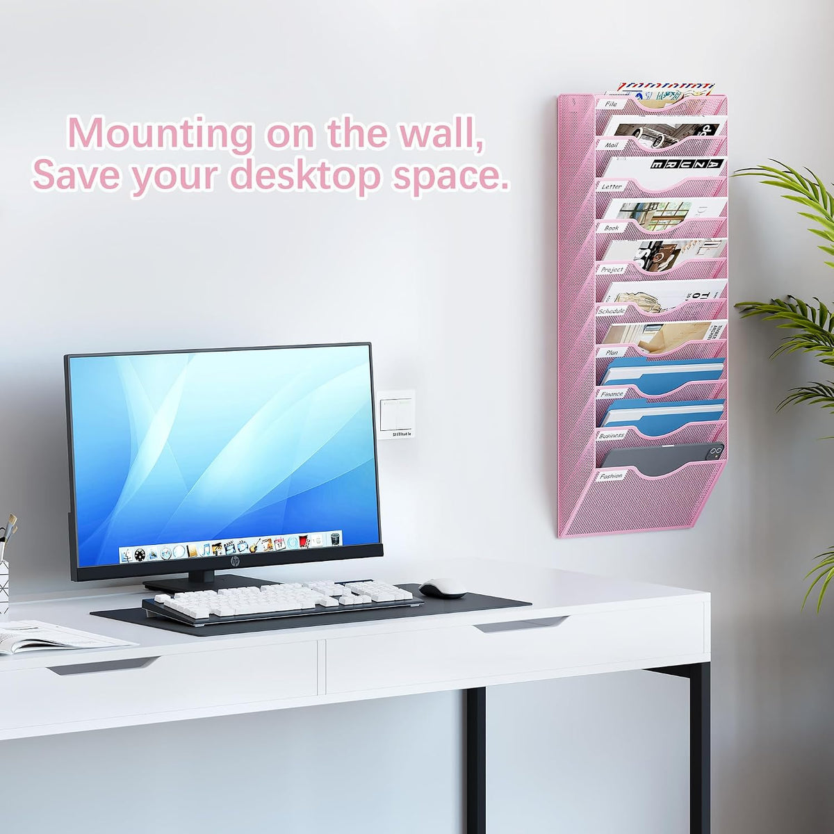 EasyPAG 10 Pocket Mesh Wall File Organizer, Hanging Paper Folder Holder with Classify Label, Vertical Wall Mount Mail Organizer for Office Home Classroom, Pink