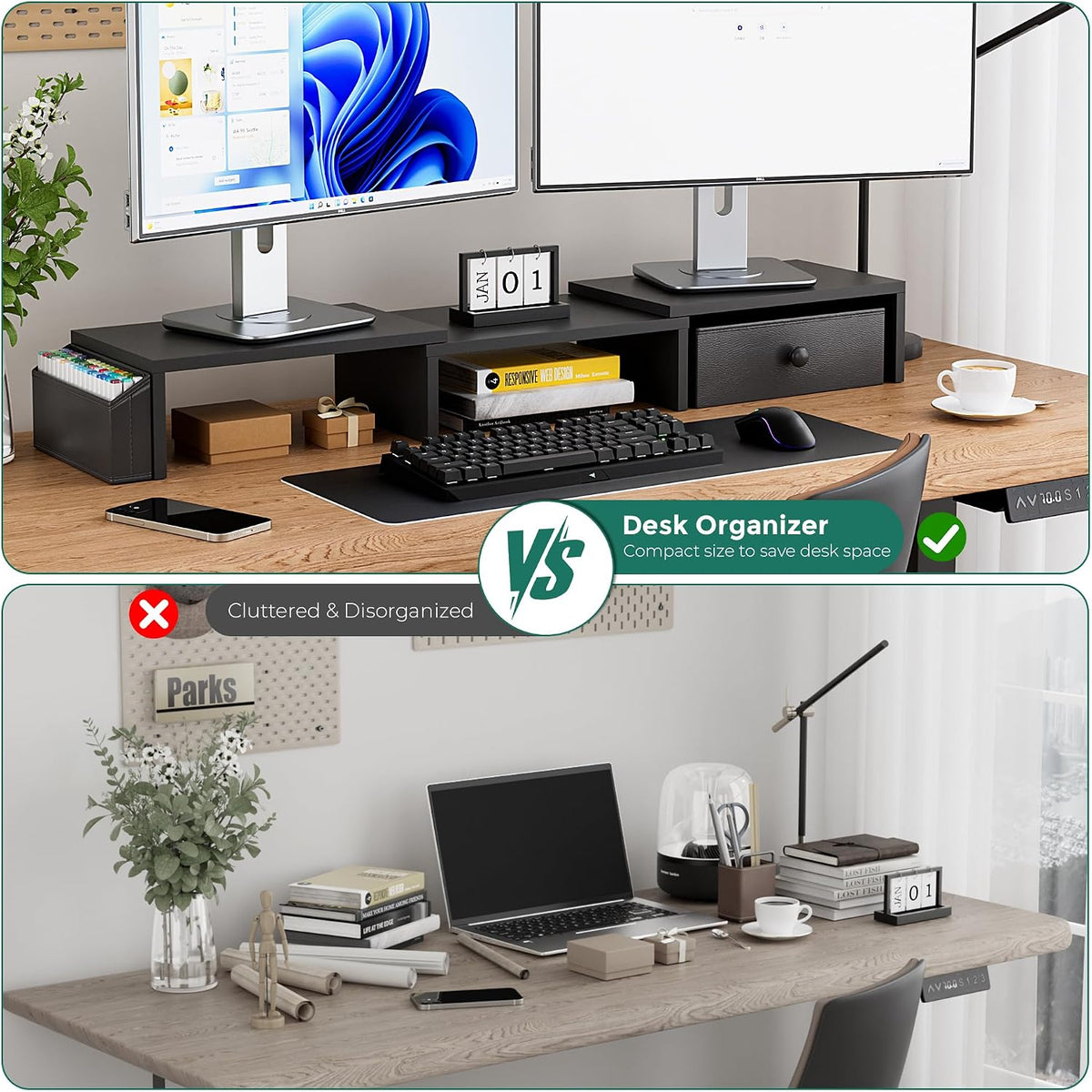 Dual Monitor Stand Riser, Adjustable Length & Swivel Angle Monitor Stand, Ergonomic Monitor Stand with Drawer & Side Pockets, Desktop Organizer and Office Desk Accessories, Black