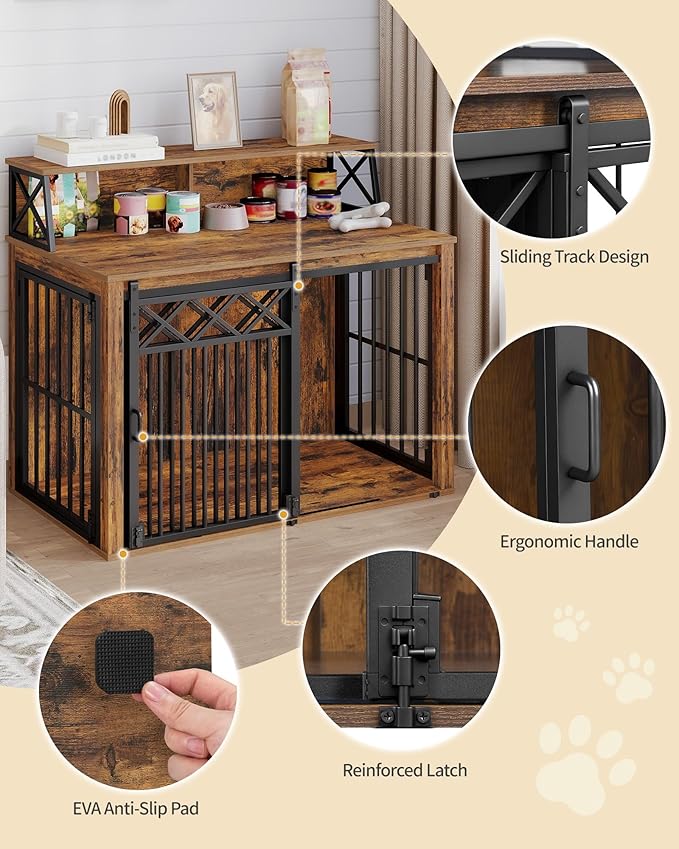 39.4'' Dog Crate Furniture, Large Wooden Dog Crate with Storage and 3 Doors, Indoor Kennel for Medium/Large Dogs, End Table with Barn Door, Chew-Proof and Escape-Proof, Rustic Brown DFC87401B