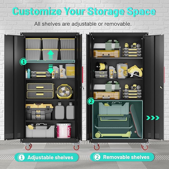 Metal Garage Cabinets with Wheels| 71" Steel Lockable Garage Storage Cabinet with 4 Adjustable Shelves, Heavy-Duty Tool Storage Cabinet for Home, Basement, Workshop (Black)