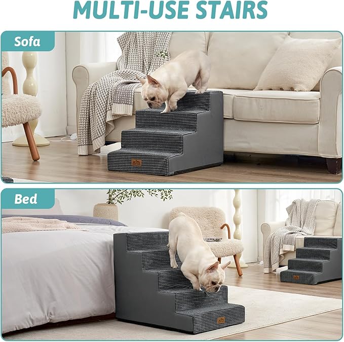 Dog Stairs for Small Dogs 5-Step, 19.7" Extra Wide Right-Angle Pet Stairs for Couch and Beds, Anti-Slip Dog Steps for Old Cats and Lowrider, 19.7x29.5x23.6 inch, Dark Grey