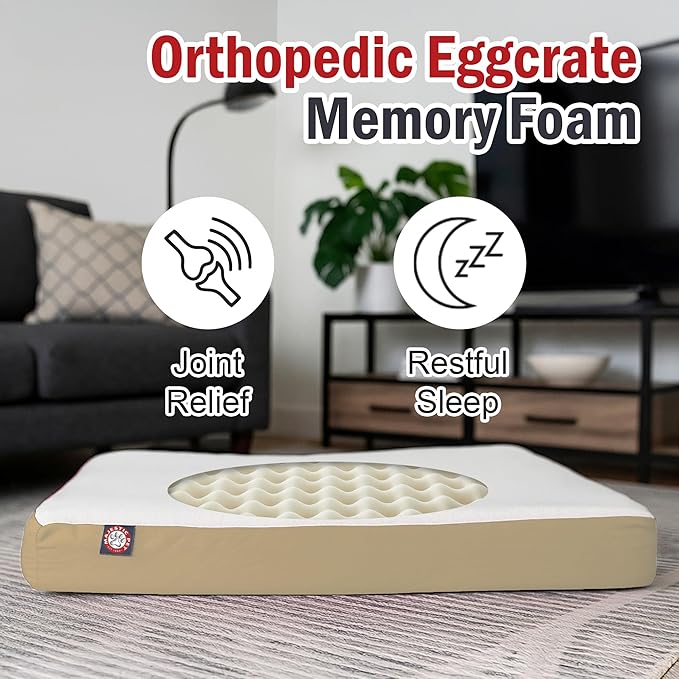 Majestic Pet 34x24x3 Inch Khaki Orthopedic Memory Foam Rectangle Dog Bed – Medium Size Crate Dog Bed for Dogs with Joint Pain, Arthritis – Durable Pet Mattress with Egg Crate Foam, Washable Cover