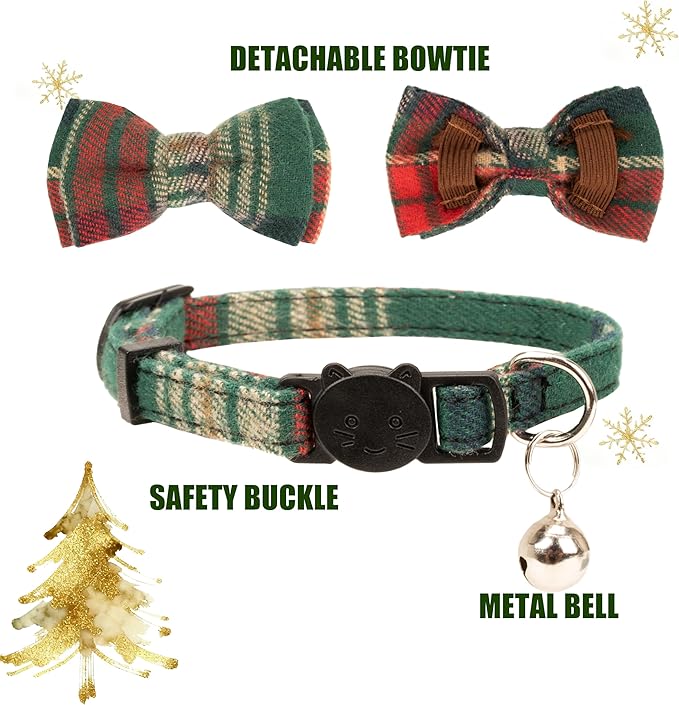 Collar for Cat Pet Breakaway with Bell Bowtie Detachable Bow Adjustable Safety Kitten Puppy Girl Boy 2pcs Christmas-A