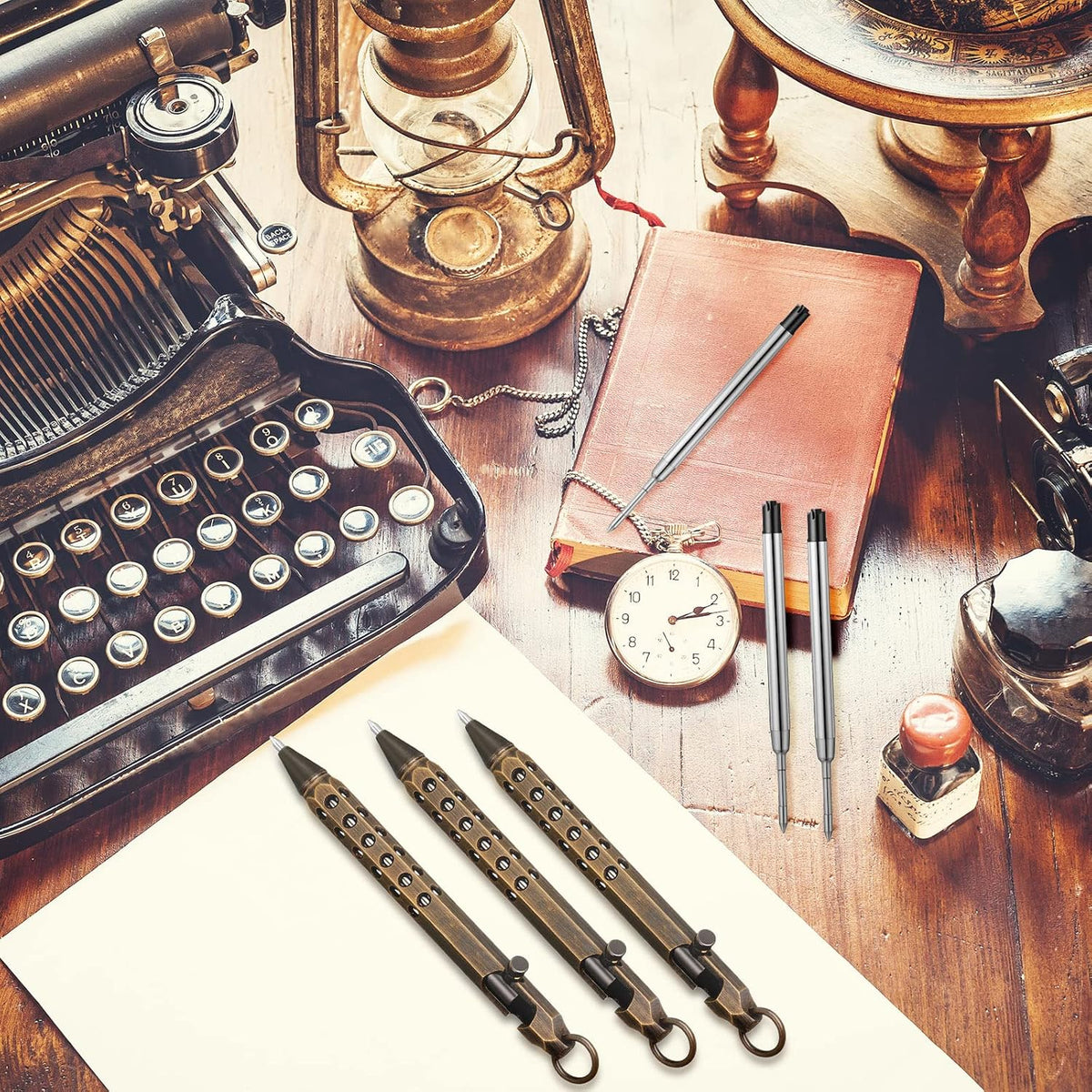 Chinco 12 Pcs Bolt Action Pen Sets Gift for Men 4 Hexagon Solid Brass Pens 8 Ink Refills Edc Pen Signature Pocket Size with 4 Gift Box for Father's Day(Retro Black)