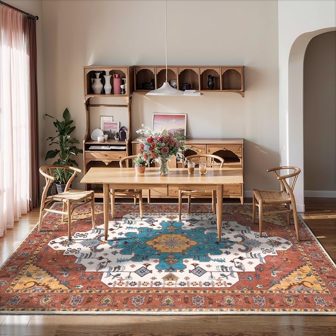 SERISSA Boho Area Rug 5x7 Orange, Washable Large Rugs