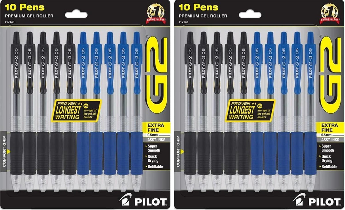 PILOT G2 Pens 0.5 mm - 20 Pack of 5 Blue and 5 Black Pens Ballpoint Extra Fine Point, Refillable & Retractable