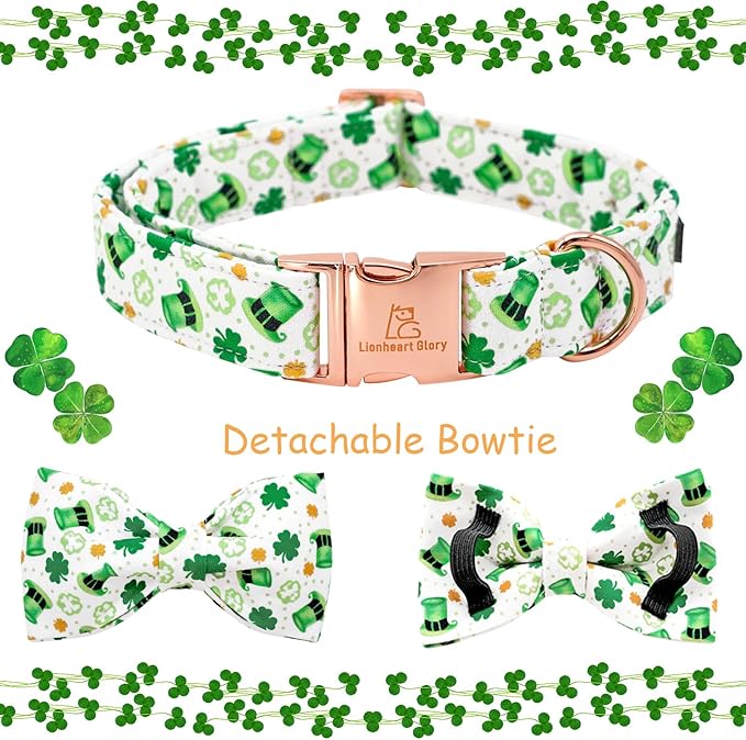 Lionheart glory Dog Bow Collar St. Patrick's Day Dog Collar for Large Dogs, Adjustable Green Collars Lucky Clover Shamrock Dog Collar with Bowtie Pet Collar Bows