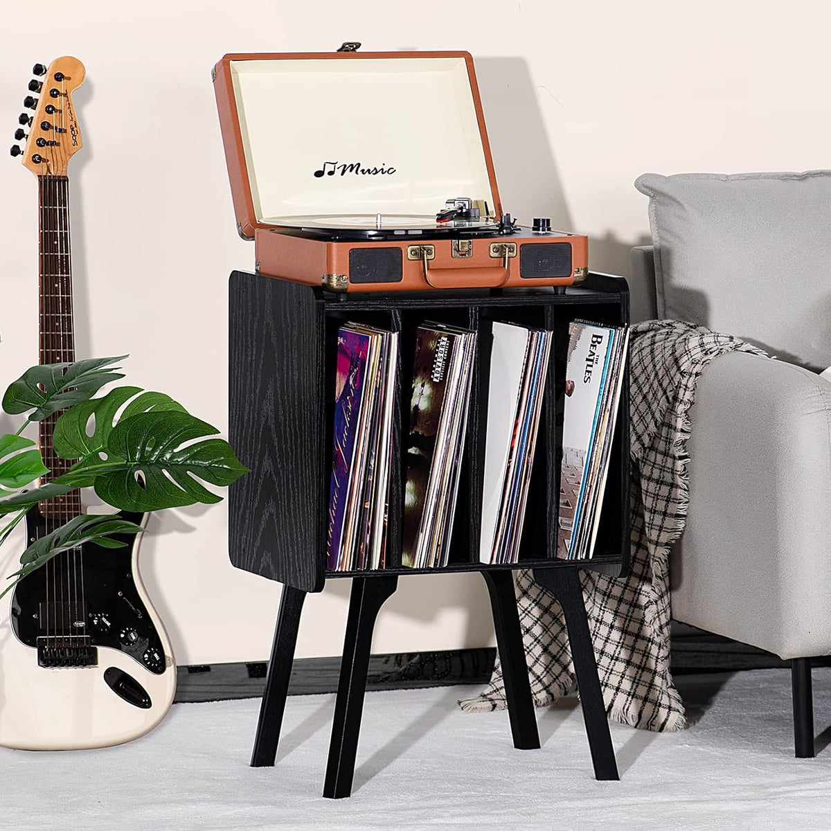 LELELINKY Small Record Player Stand, 4 Cabinet Vinyl Storage Table, Black