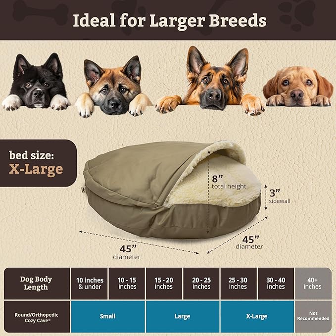 Snoozer Cozy Cave Dog Bed - Indoor Dog Bed with Cover Cave, Covered Calming Burrow for Medium & Large Sized Pets with Blanket Attached, Enclosed, Removable Washable Cover - XL, Khaki