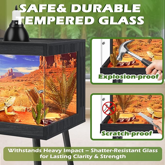 ROYXEN Bearded Dragon Tank with Leg Stand,Tempered Glass Reptile Tank with Metal Mesh Top, 3-Side Clear Anti-Scratch Glass Lizard Tank,Snake Tank for Reptile Habitat (Black, 34Gallons,32" Length)
