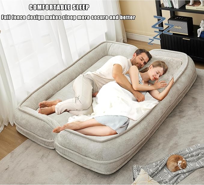 Double Human Dog Bed for Adult and Kids, Comfy Foldable Lazy Floor Loveseat Sofa Bed with 5 Adjustable Position, Upholstered Floor Bean Bag Lounger Chair for Bedroom, Living Room,Office (Beige)