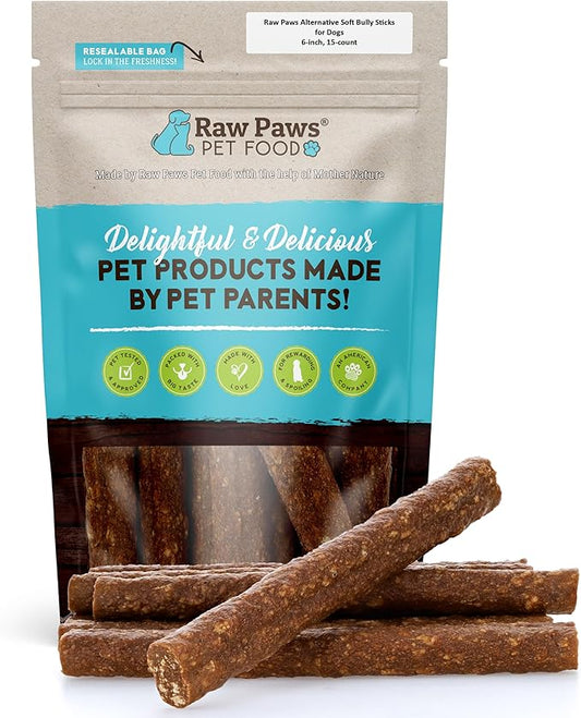 Raw Paws Alternative Soft Bully Sticks for Dogs, 6-Inch (15-Count) - Made in USA - Dog Chews Rawhide Free - Soft Dog Chews for Senior Dogs - Rawhide Free Treats - Puppy Teething
