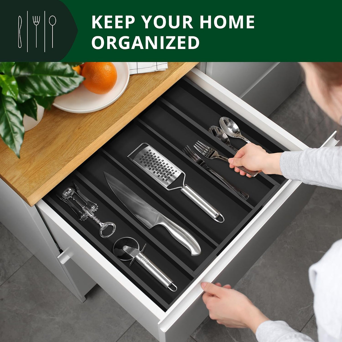 ROYAL CRAFT WOOD Luxury Bamboo Kitchen Drawer Organizer - Silverware Organizer - Utensil Holder and Cutlery Tray with Grooved Drawer Dividers for Flatware and Kitchen Utensils (5 Slot, Black)