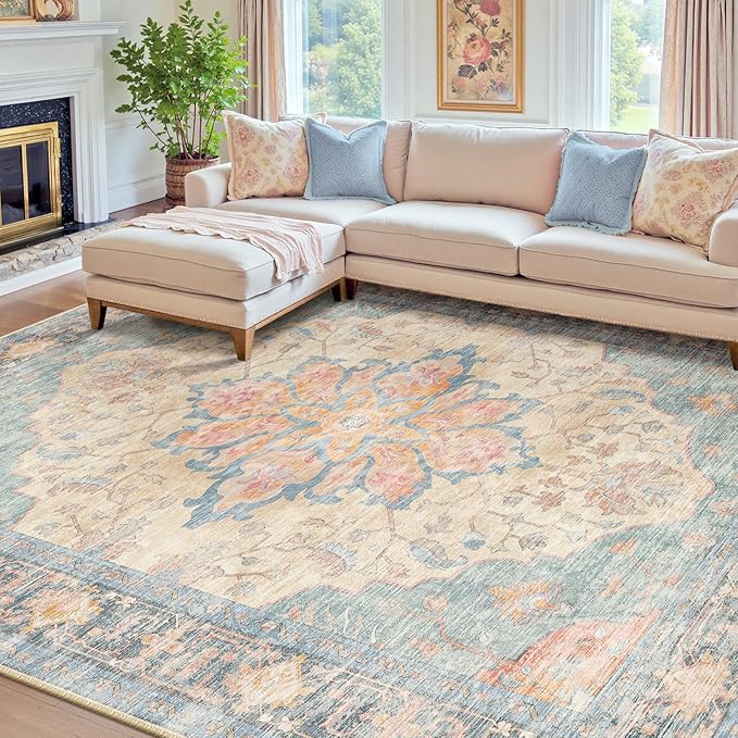 RELEANY Area Rugs 7'x9' Washable Non-Slip, Floral Vintage Distress Medallion