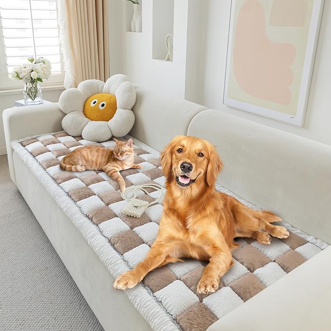 Dog Couch Cover for Washable, Non-Slip Plaid Square Sofa Cushion Protector, Soft, and Multi-Functional Pet Friendly Sofa Cover for Cats Dogs (27.6x70.9 inch,DarkCoffee)
