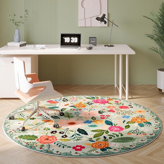 Rugcomf Round Rug 6ft Washable Circle Rug Non Slip Low Pile Boho Floral Small