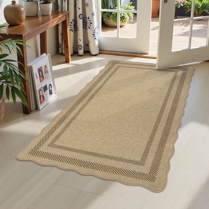 LIVEBOX Scalloped Easy Jute 3x5 Outdoor Rug, Washable Non-Slip Geometric Tan