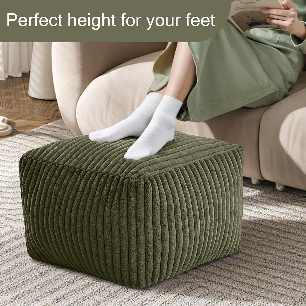 MeMoreCool Square Pouf Ottoman Foot Rest, 15 Inch Faux Fur Pouf, Green