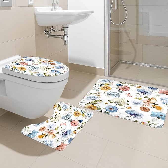 4 PCS Blue Floral Birds Bathroom Set with Shower Curtain and Rugs 72Wx72H Inch Classical Watercolor Non-Slip Bath Rug Toilet Lid Cover and U Shape Mat Accessories 12 Hooks Bathoom Decor