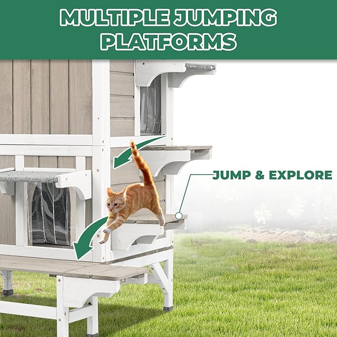 Insulated Cat House for Winter, Wood Two Story Outdoor Cat House Weatherproof with Cat Scratching Cloth, 3 Jumping Platforms, 3 Doors, Outside Indoor Clawsable Feral Cats Shelter for Small Animals