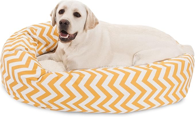 Majestic Pet 40 Inch Chevron Sherpa Calming Dog Bed Washable – Cozy Soft Round Dog Bed with Spine for Head Support - Fluffy Donut Dog Bed 40x29x9 (inch) – Round Pet Bed Large - YELLOW