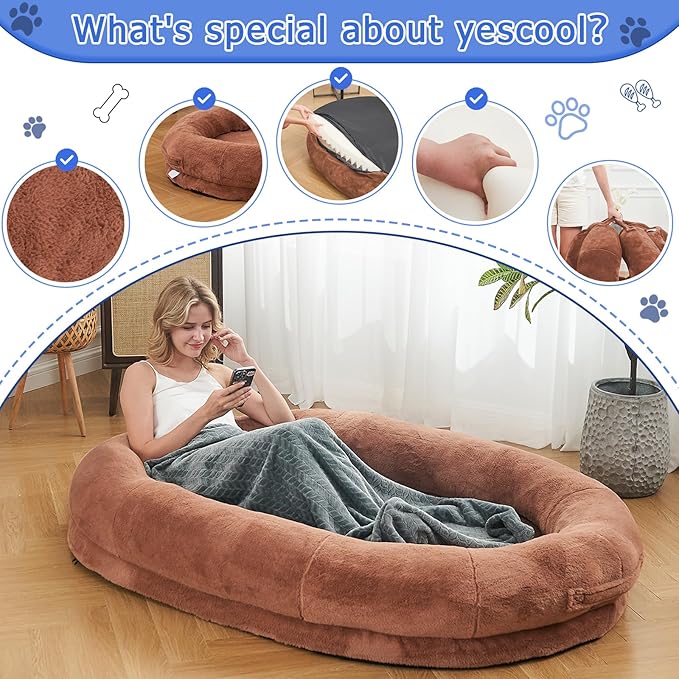 Human Dog Bed - 72"x48"x10" Large Gaint Shared Bed for Adult - Flufelbed Standard Cloud Bed for Humans and Dogs - Nap Bed Bean Bag Bed Faux Fur Fluffy Orthopedic Pet Bed Large Brown