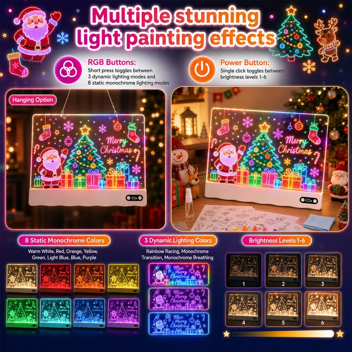 LED Note Board with Colors,Rechargeable LED Drawing Board, Light Up Acrylic Message Board, Glowing Acrylic Dry Erase Board with Light, Holiday Trend Gift, for Schools, Home Offices