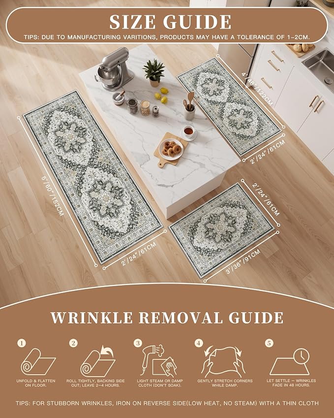 Madane 2-Piece Kitchen Runner Rug Set, Small Area Rug Non-Slip Vintage Door Mat