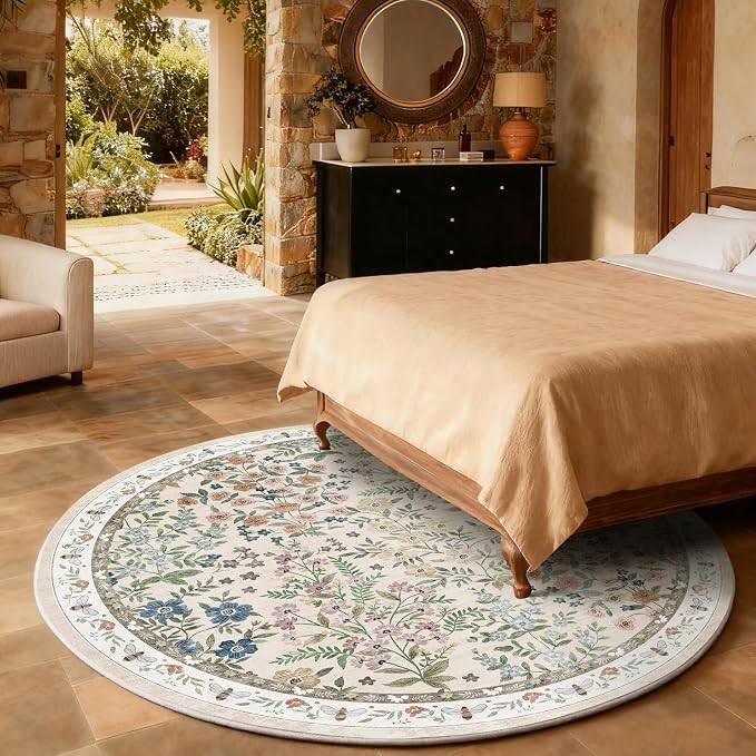 Washable Round Rugs for Bedroom 4ft: Living Room Rug Stain Resistant Non Slip