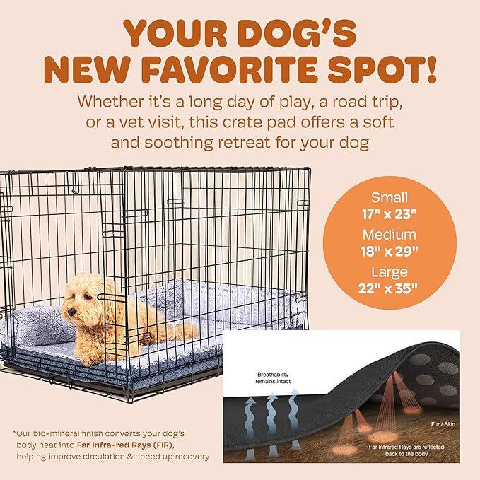 Dog Gone Smart Chill Kuzzi Dual Bolster Crate Pad - Washable Dog Bed Infused with Far Infrared Rays (FIR) - Supportive Plush Cushion for Crates, Travel, and Recovery - Slate Grey, Small 17 x 23 Inches