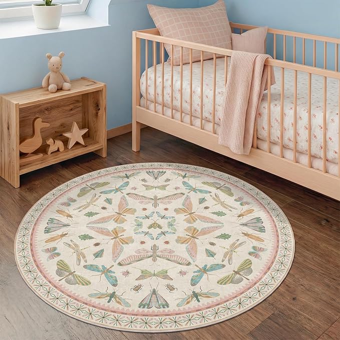 Boho Light Pink Round Rugs for Kids Bedroom - 4 ft Unique Circle Area Rugs for