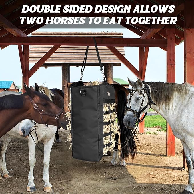 Innovative Hay Bags for Horses, Goat Hay Feeder with Reinforced Oxford Fabric and High Strength Metal Clasp,Horse Feeding Supplies with Adjustable Strap for Easy Hanging (Black-1pack)