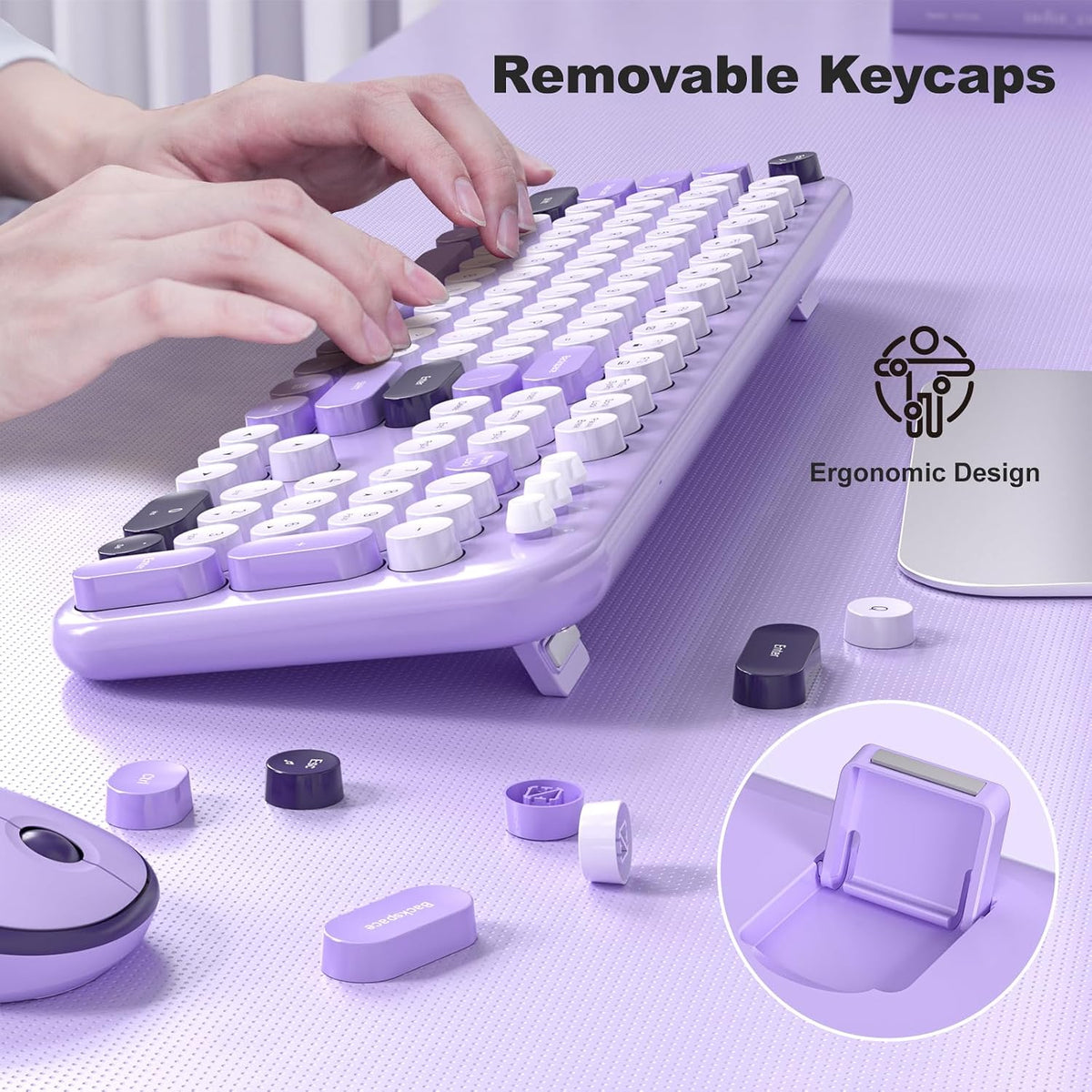 Wireless Keyboard and Mouse Combo, MOWUX Full Size Typewriter Retro Round Computer Keyboard, Cute Optical Mouse Wireless, Plug and Play, for Laptop, PC, Computer- Violet Field